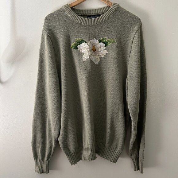 Vintage Land's End Women's Sage Green Flower Prairie Knitted Sweater - Large - Picture 2 of 5